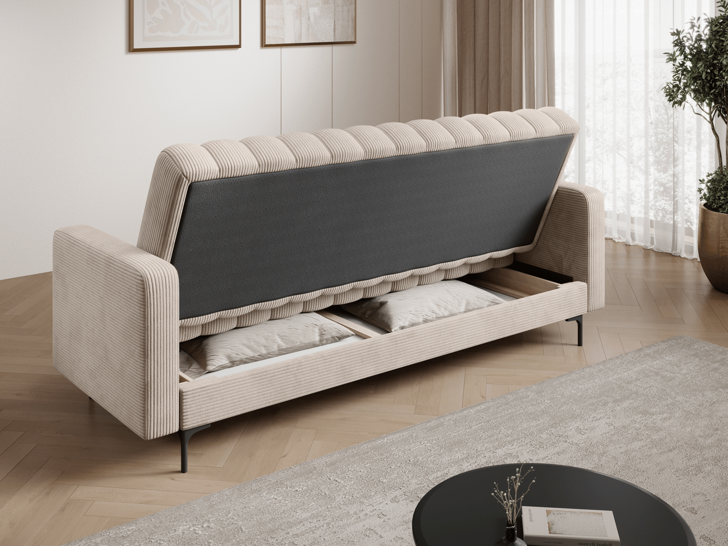 Canapé-lit FUJI – Convertible avec coffre de rangement, assise capitonnée et mécanisme Click-Clack