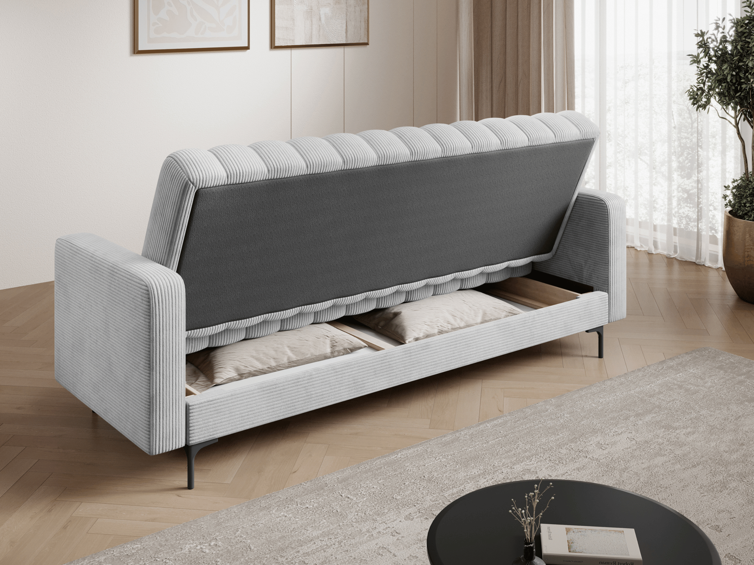 Canapé-lit FUJI – Convertible avec coffre de rangement, assise capitonnée et mécanisme Click-Clack