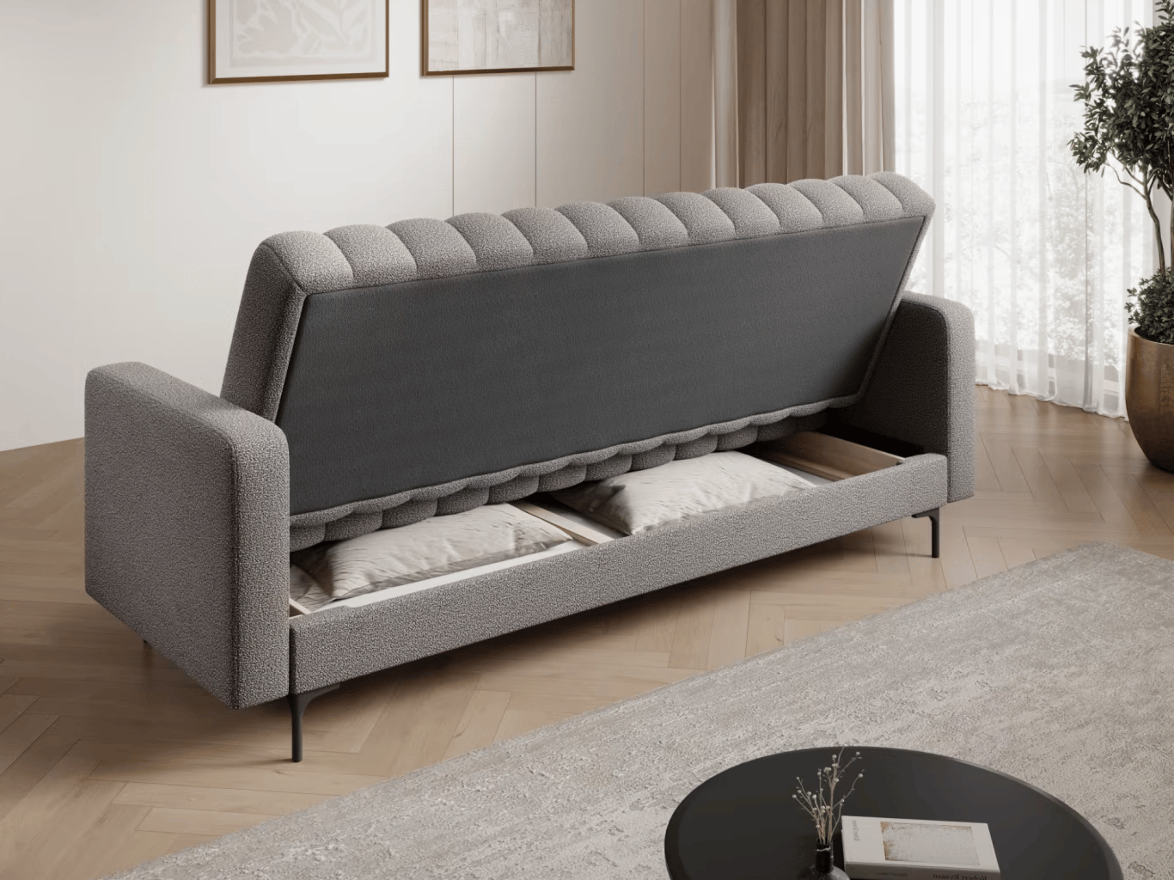 Canapé-lit FUJI – Convertible avec coffre de rangement, assise capitonnée et mécanisme Click-Clack