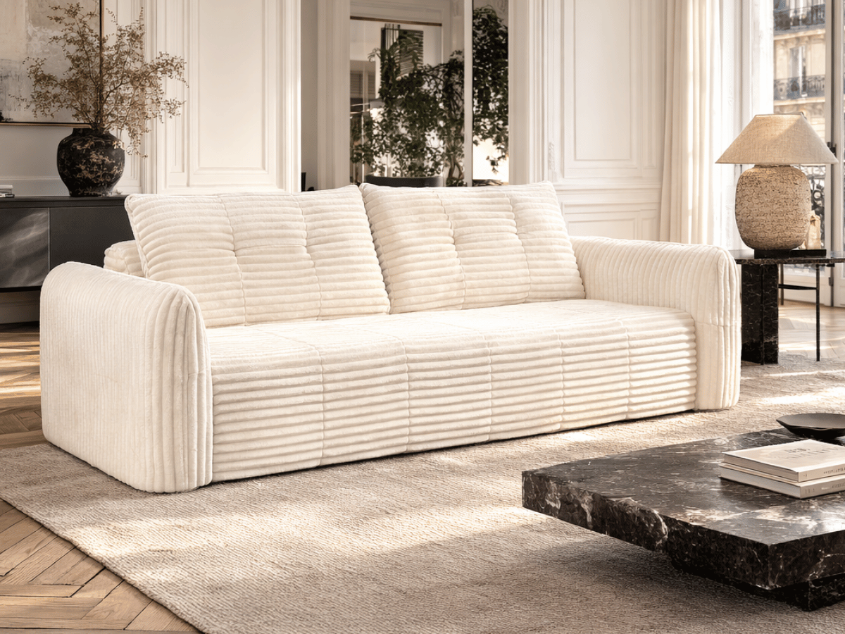 Canapé 3/4 places en velours côtelé épais – Confort haute densité 35 kg – Beige – MILO