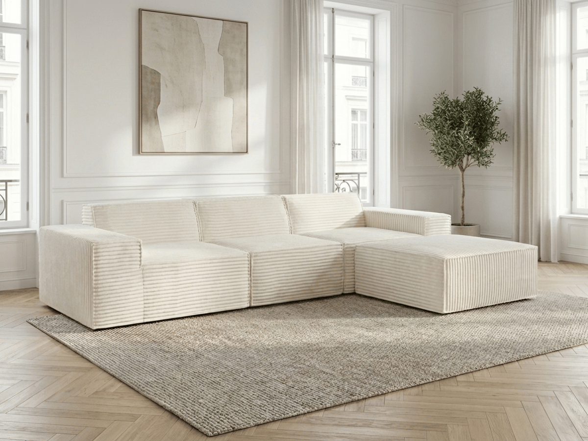 Canapé Villiers – Canapé d’angle modulable 3 places avec pouf – Velours côtelé épais