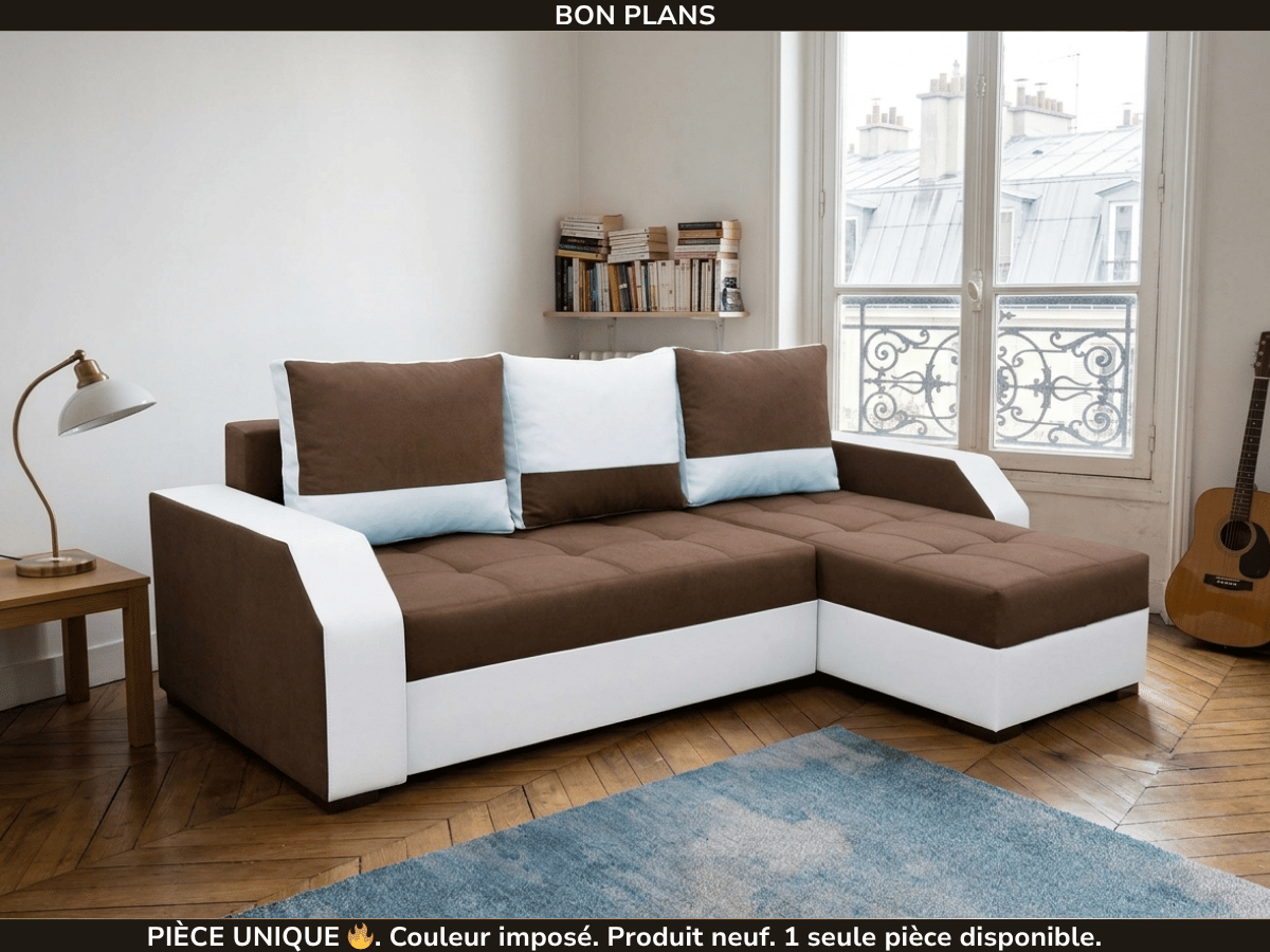 Canapé d'angle convertible réversible Aris tissu marron & simili cuir blanc