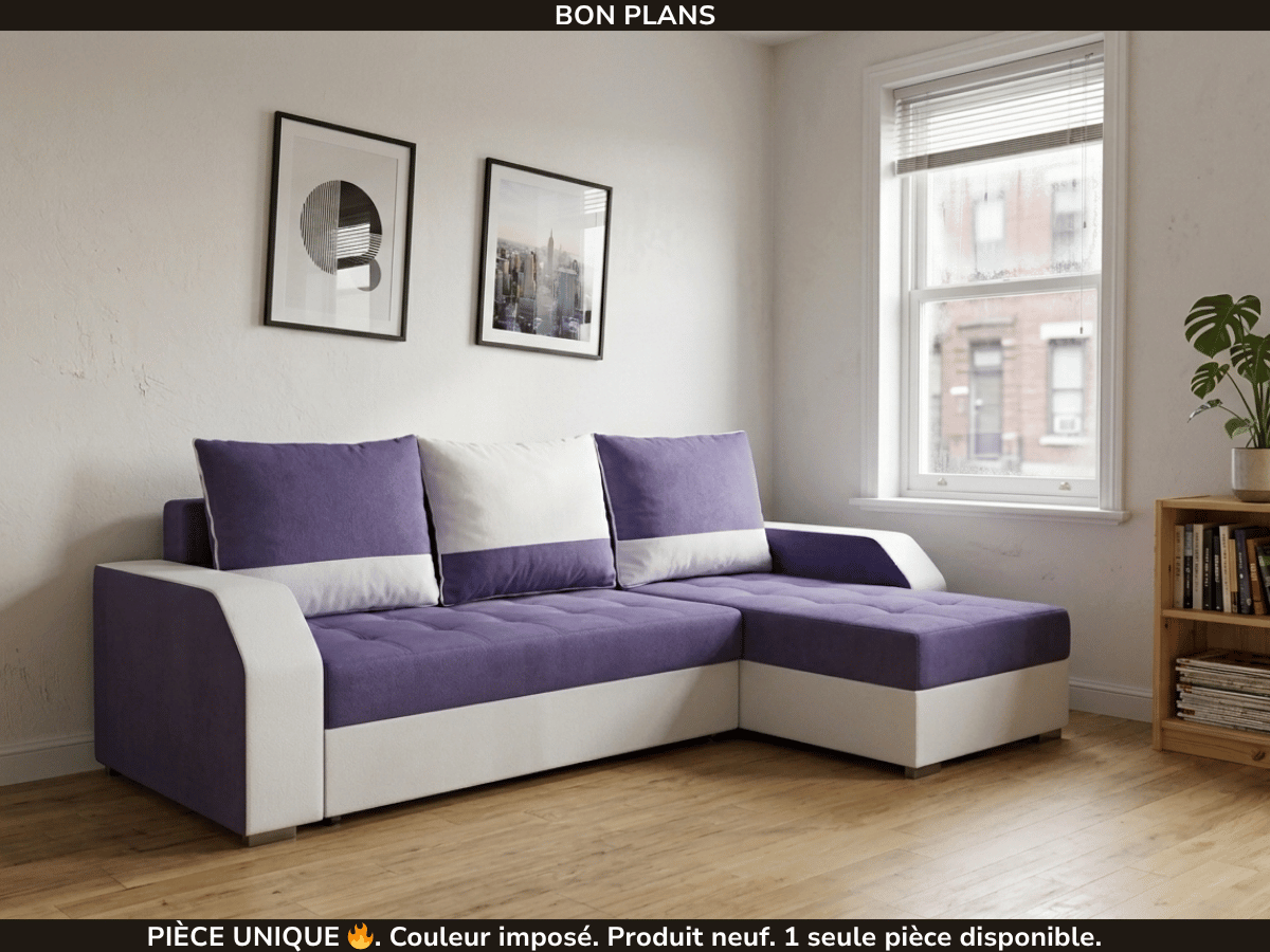 Canapé d'angle convertible réversible Aris tissu violet (prune) & simili cuir blanc
