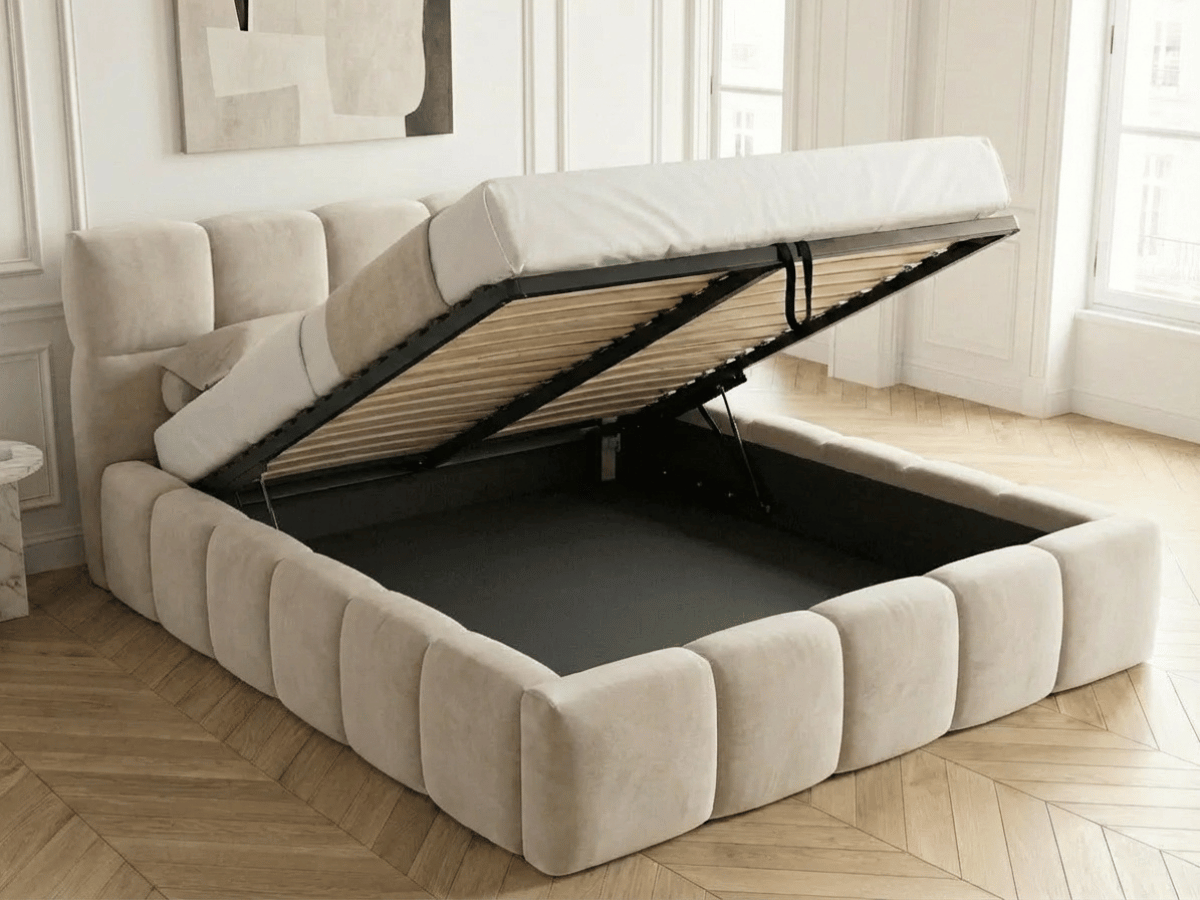 Lit coffre MONCEAU – Tête de lit capitonnée design en velours ou bouclette – Coffre de rangement intégré