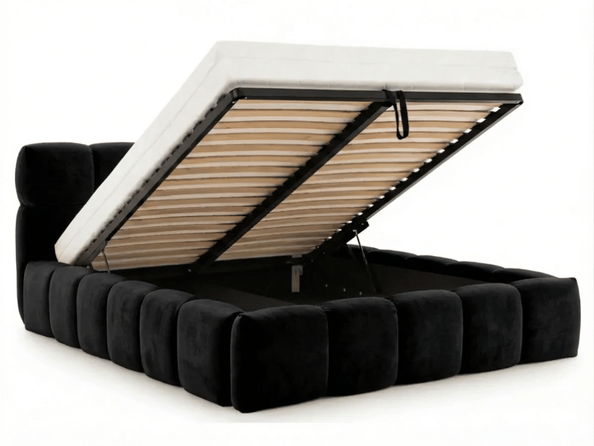 Lit coffre MONCEAU – Tête de lit capitonnée design en velours ou bouclette – Coffre de rangement intégré