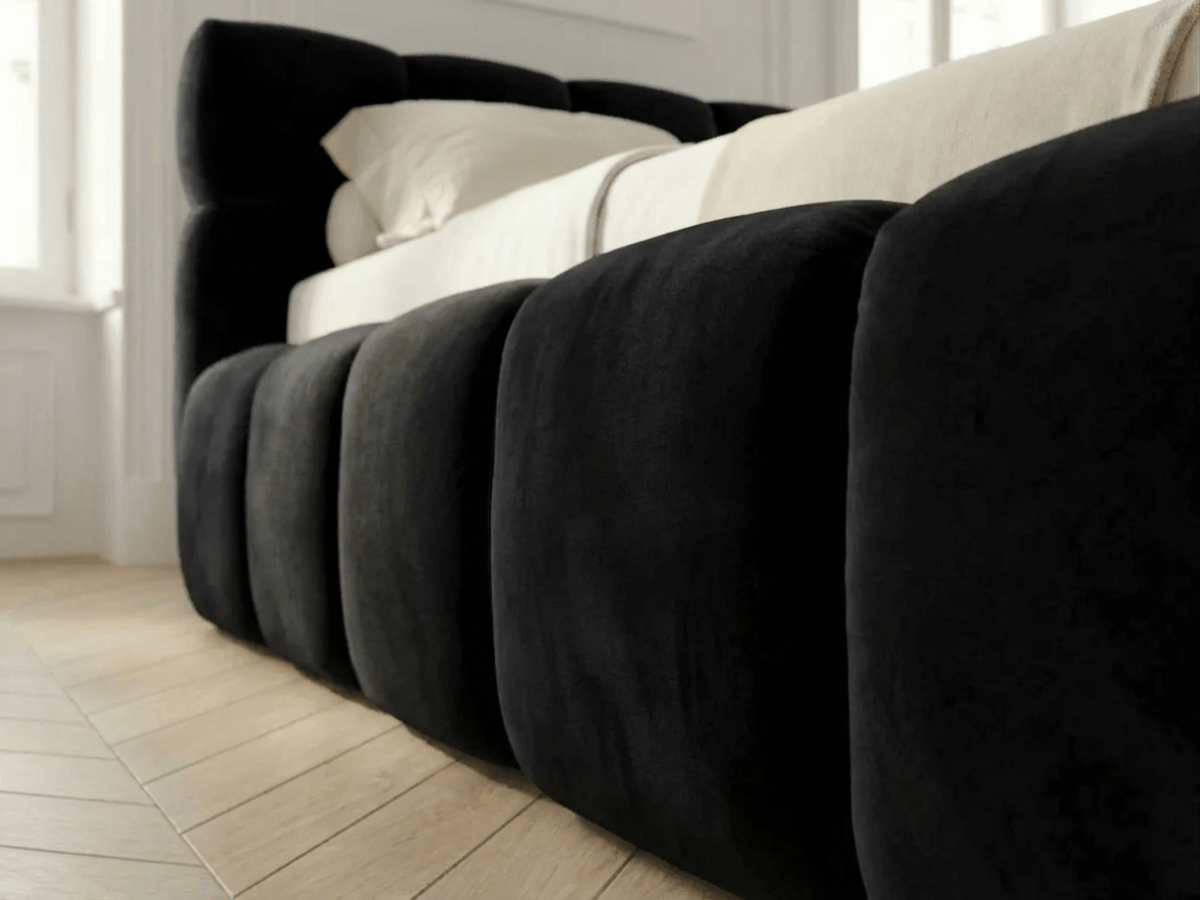 Lit coffre MONCEAU – Tête de lit capitonnée design en velours ou bouclette – Coffre de rangement intégré