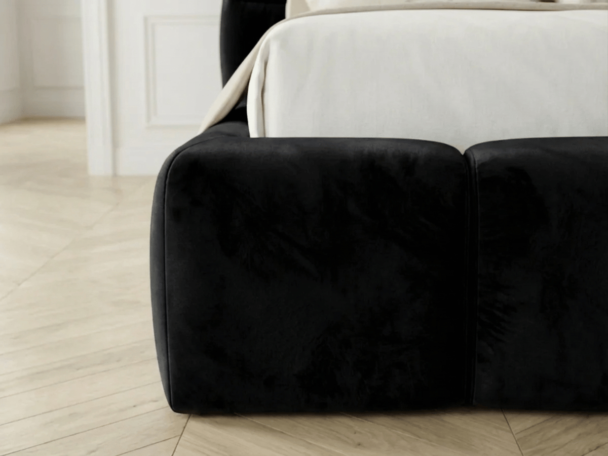 Lit coffre MONCEAU – Tête de lit capitonnée design en velours ou bouclette – Coffre de rangement intégré
