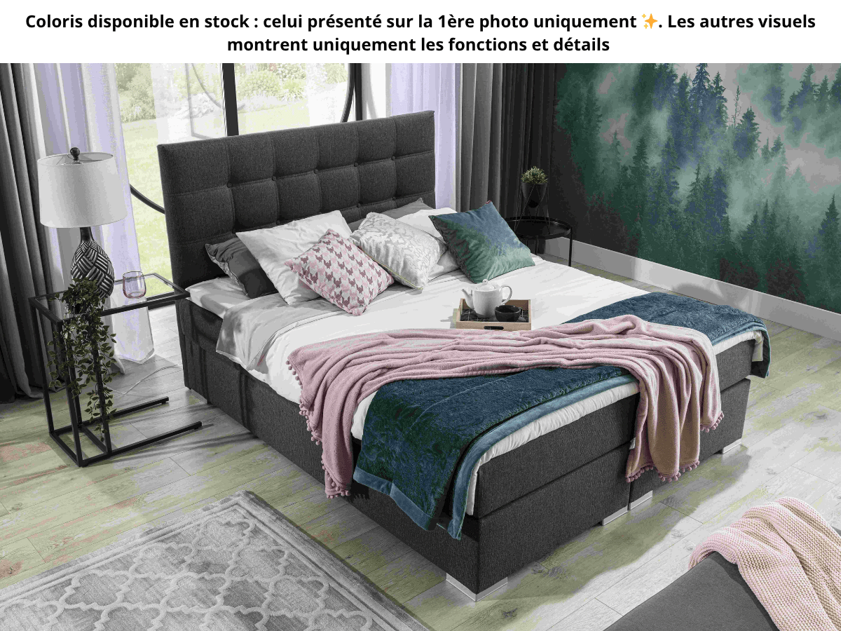 Lit boxspring complet tête de lit + sommiers + matelas + surmatelas Ines - 140x200 Tissu Noir