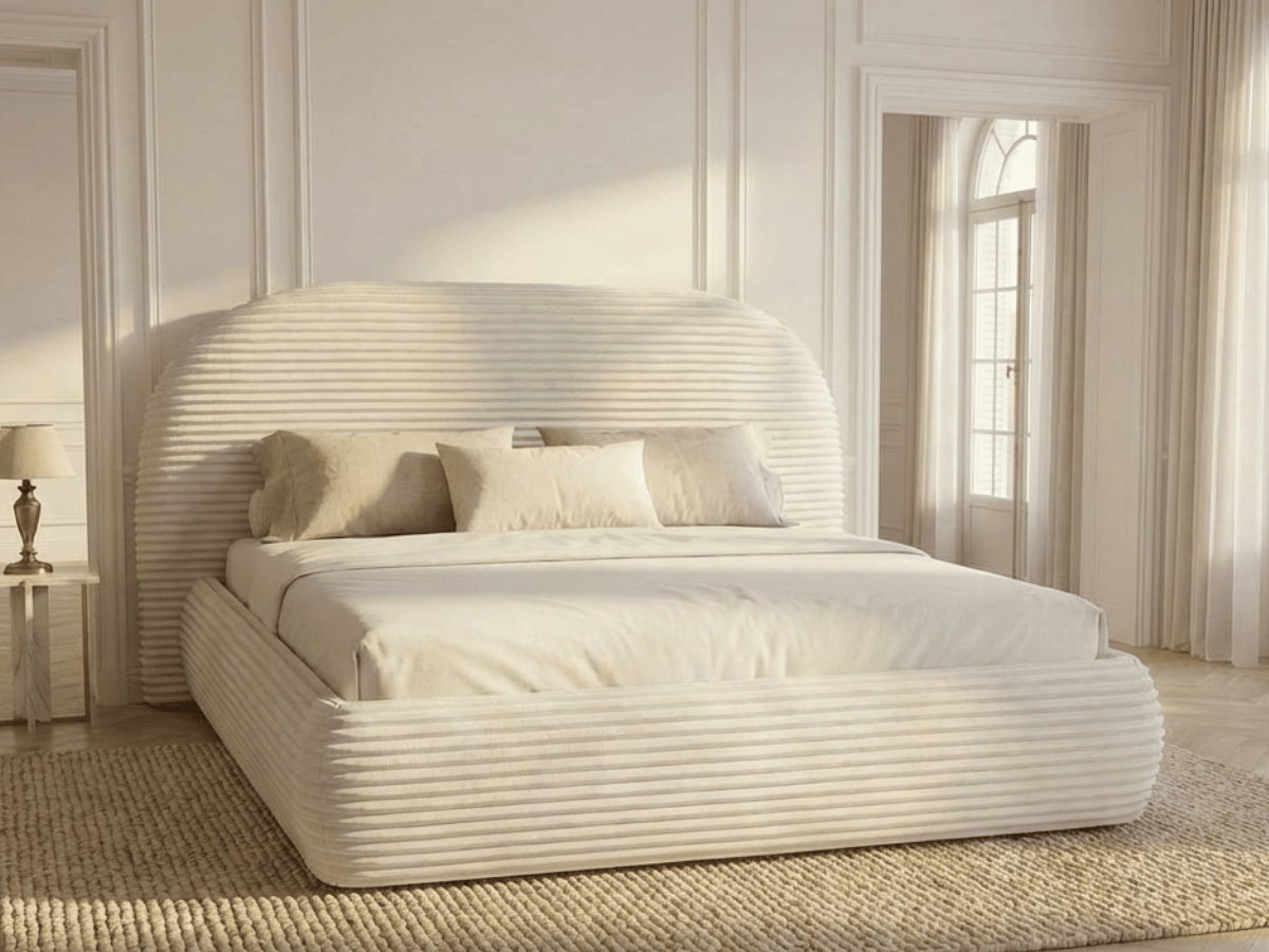 Lit coffre ALMA en velours côtelé grande épaisseur – Lit design arrondi avec rangement intégré – 160x200 ou 180x200