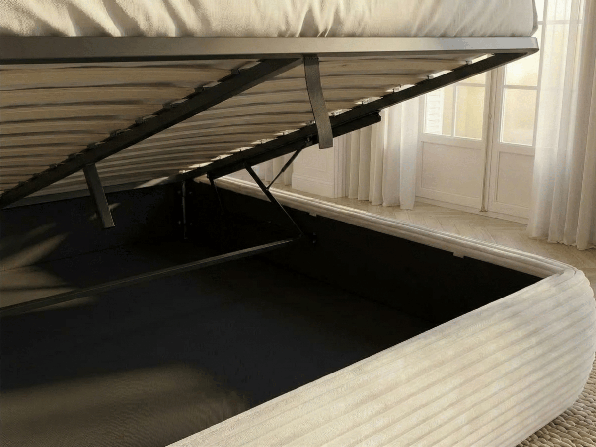 Lit coffre ALMA en velours côtelé grande épaisseur – Lit design arrondi avec rangement intégré – 160x200 ou 180x200