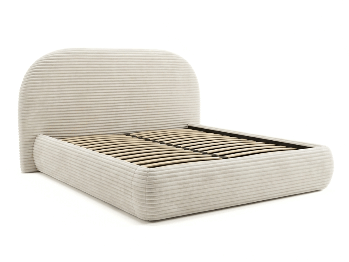 Lit coffre ALMA en velours côtelé grande épaisseur – Lit design arrondi avec rangement intégré – 160x200 ou 180x200