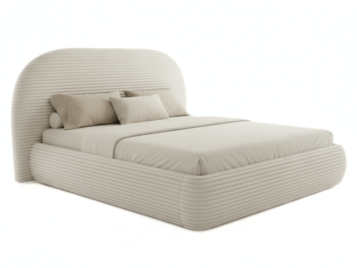 Lit coffre ALMA en velours côtelé grande épaisseur – Lit design arrondi avec rangement intégré – 160x200 ou 180x200