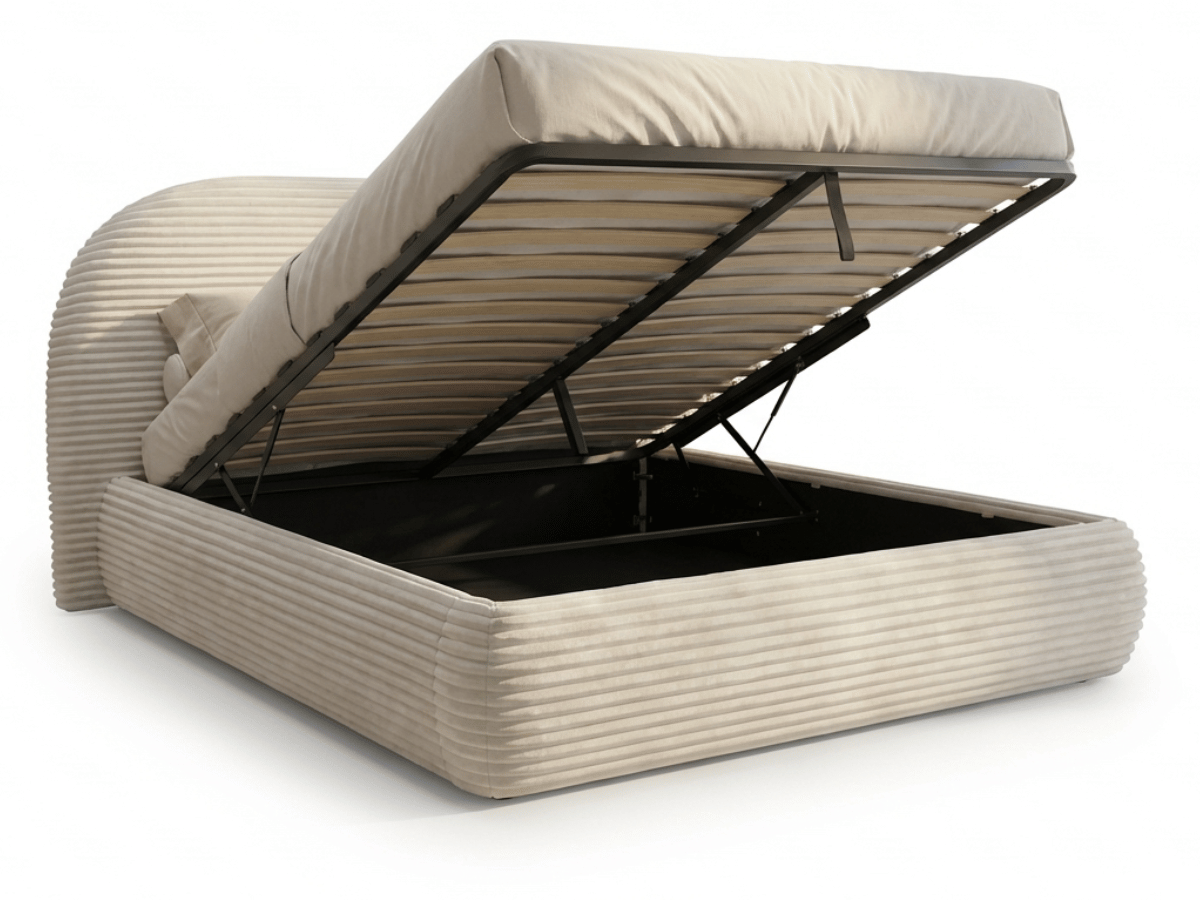 Lit coffre ALMA en velours côtelé grande épaisseur – Lit design arrondi avec rangement intégré – 160x200 ou 180x200