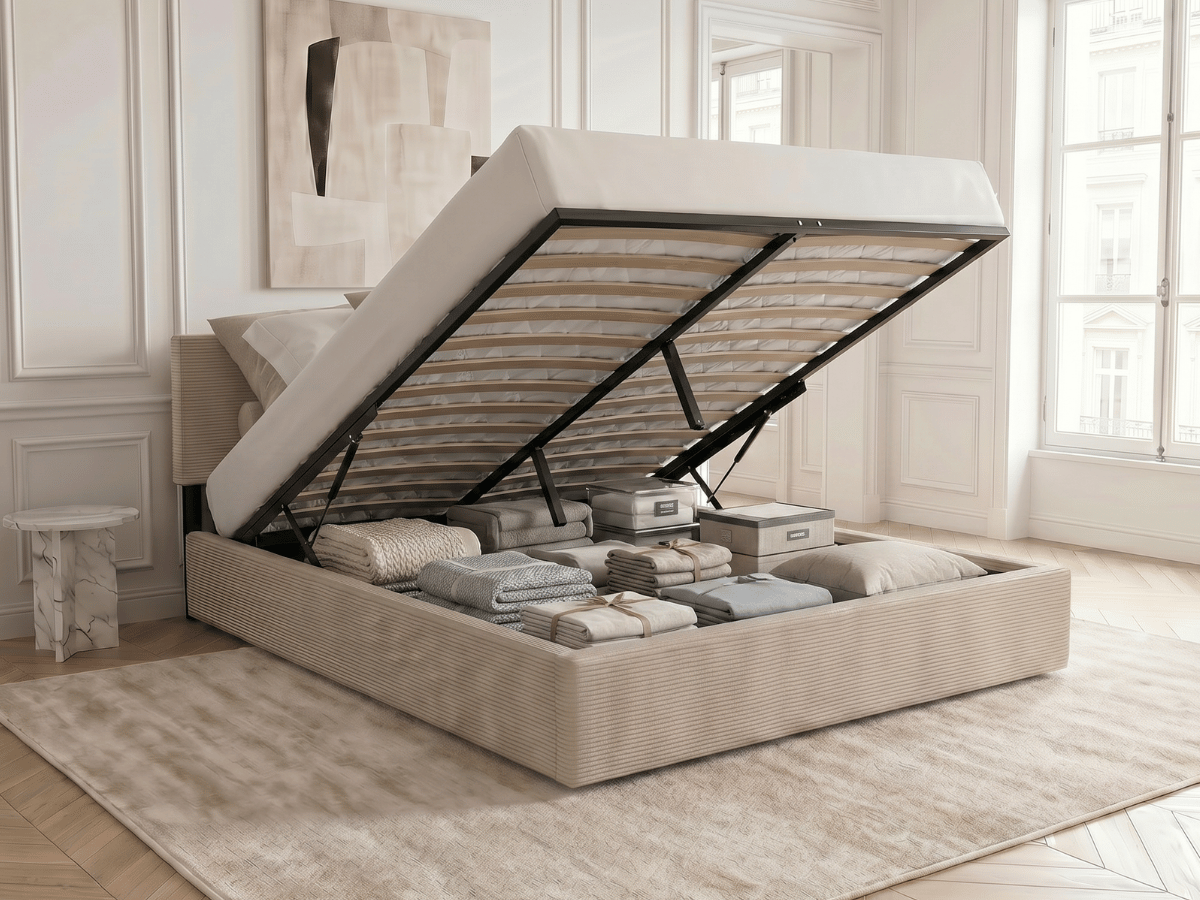 Lit coffre AUGUSTIN – Velours côtelé avec rangement intégré