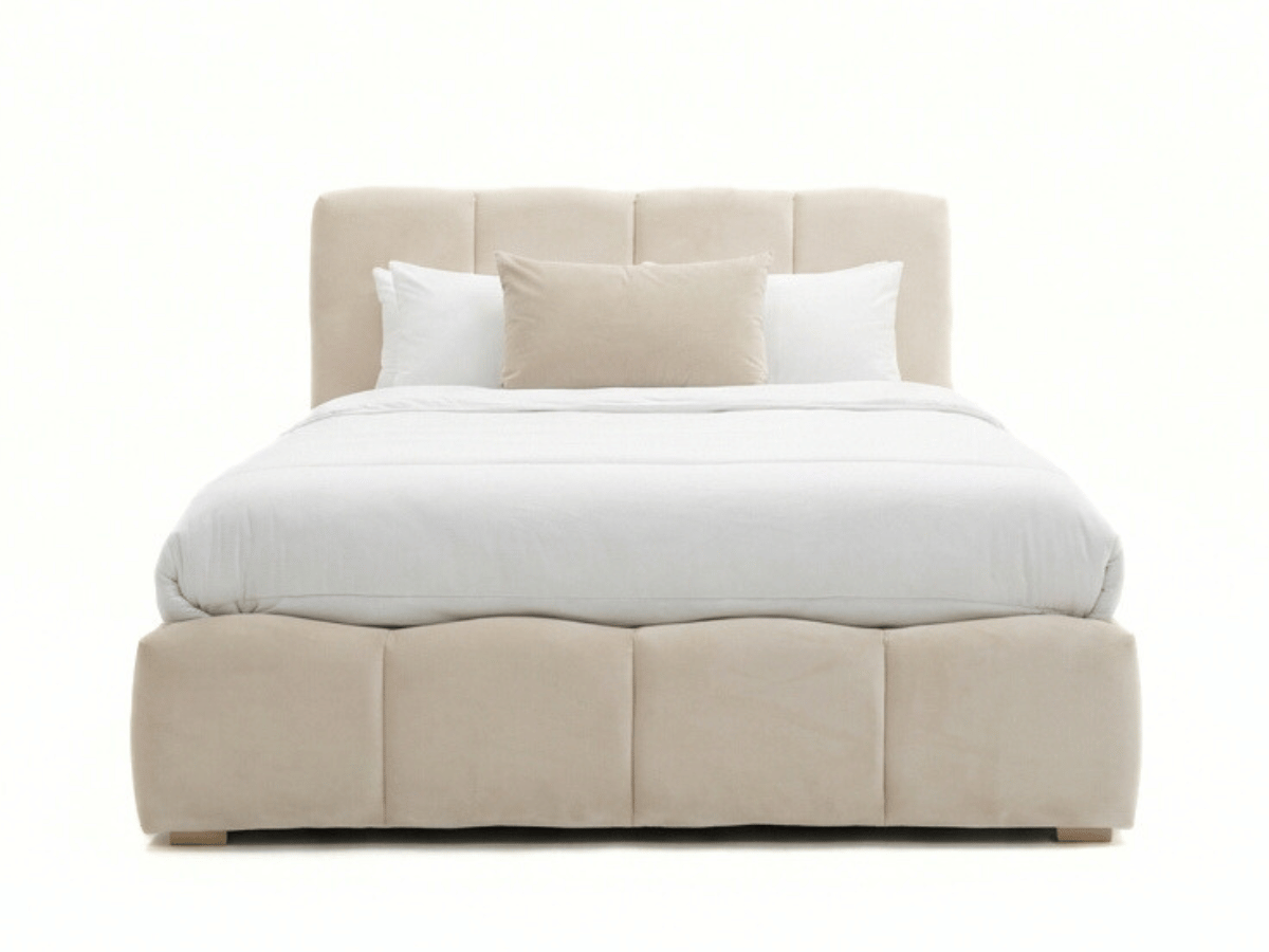 Lit coffre BUBBLE en velours – Lit double design avec rangement intégré et tête de lit épaisse rembourrée – Beige, Gris, Noir