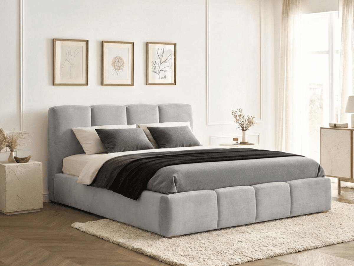 Lit coffre BUBBLE en velours – Lit double design avec rangement intégré et tête de lit épaisse rembourrée – Beige, Gris, Noir
