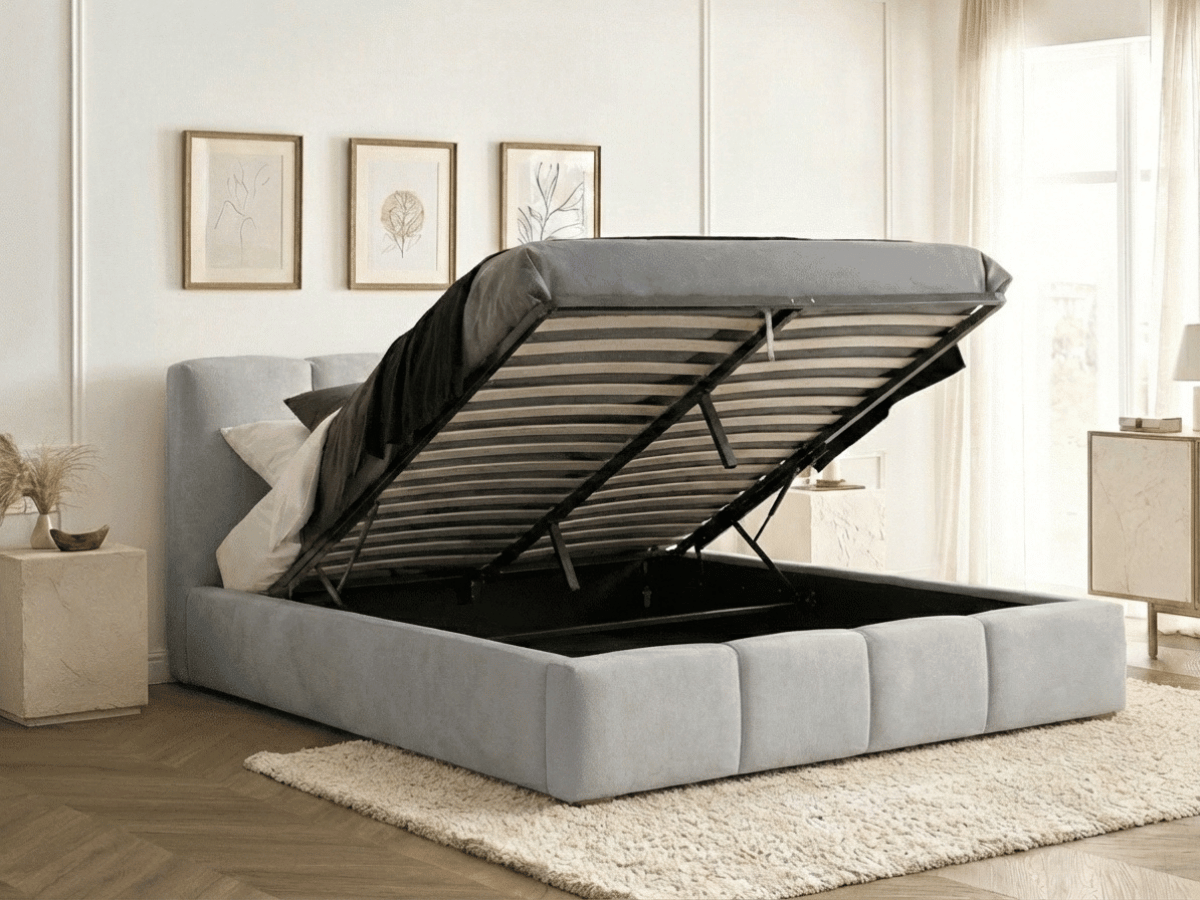 Lit coffre BUBBLE en velours – Lit double design avec rangement intégré et tête de lit épaisse rembourrée – Beige, Gris, Noir