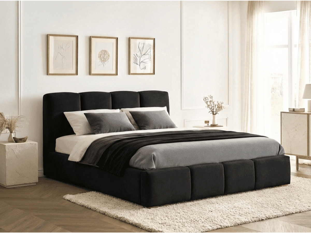 Lit coffre BUBBLE en velours – Lit double design avec rangement intégré et tête de lit épaisse rembourrée – Beige, Gris, Noir