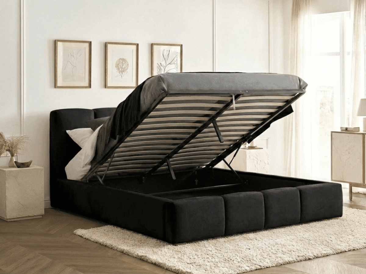 Lit coffre BUBBLE en velours – Lit double design avec rangement intégré et tête de lit épaisse rembourrée – Beige, Gris, Noir