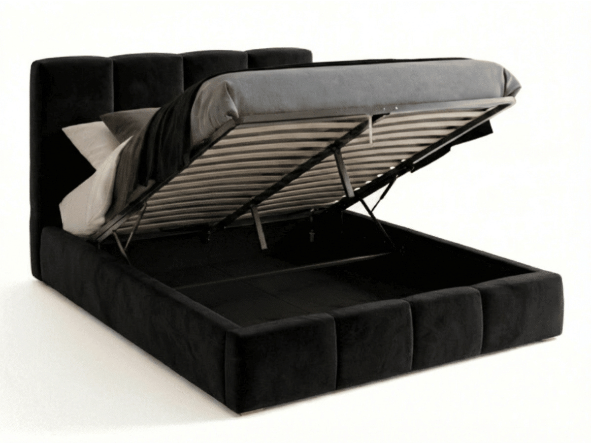 Lit coffre BUBBLE en velours – Lit double design avec rangement intégré et tête de lit épaisse rembourrée – Beige, Gris, Noir