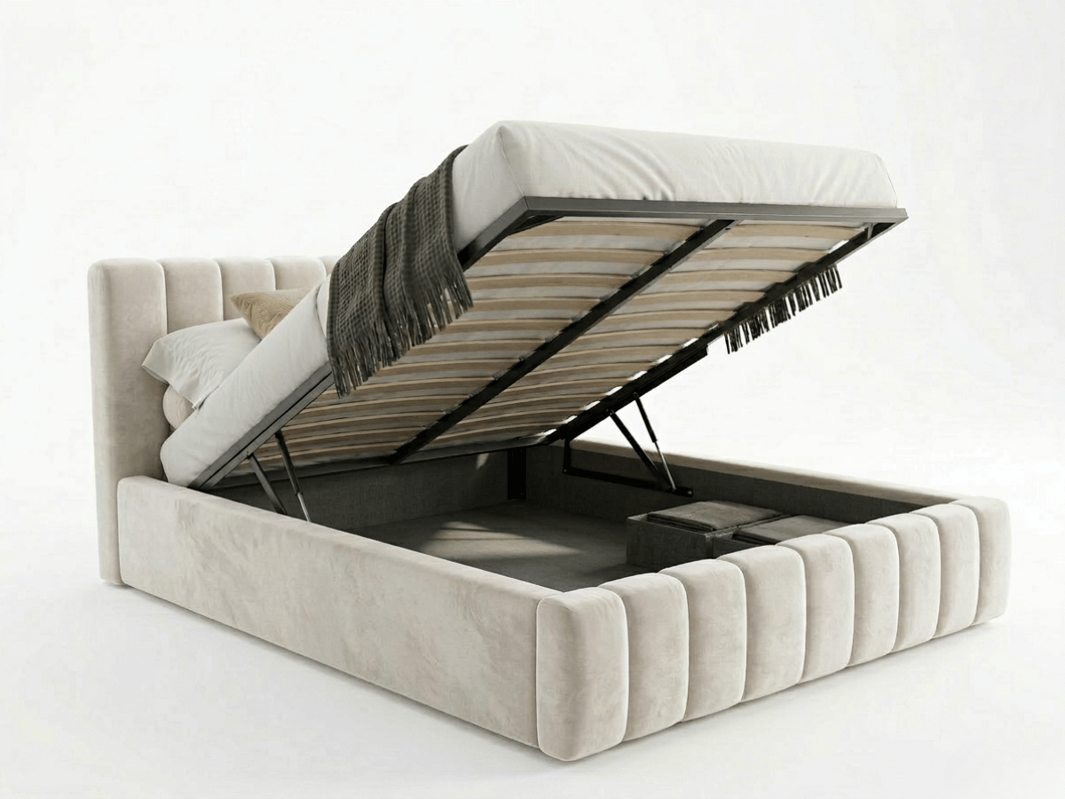 Lit coffre CAROLINE – Lit design rembourré avec rangement intégré, disponible en bouclé blanc, velours côtelé ou velours lisse