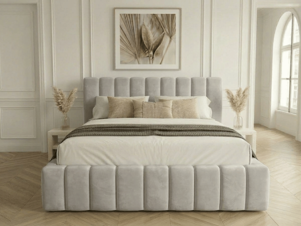 Lit coffre CAROLINE – Lit design rembourré avec rangement intégré, disponible en bouclé blanc, velours côtelé ou velours lisse
