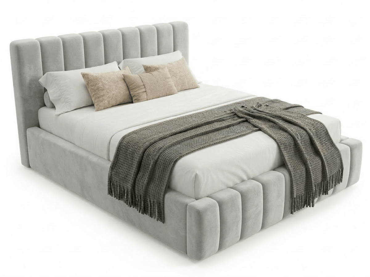 Lit coffre CAROLINE – Lit design rembourré avec rangement intégré, disponible en bouclé blanc, velours côtelé ou velours lisse