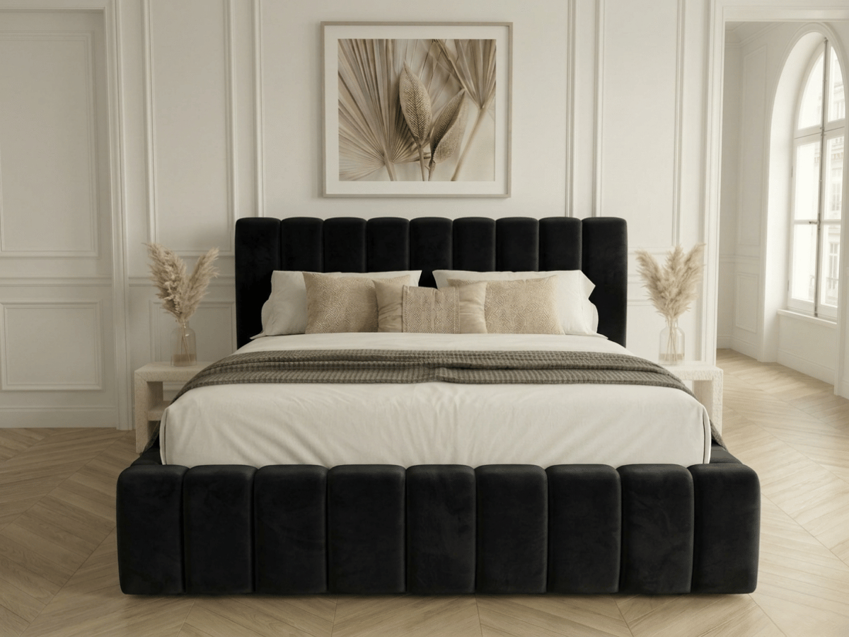 Lit coffre CAROLINE – Lit design rembourré avec rangement intégré, disponible en bouclé blanc, velours côtelé ou velours lisse