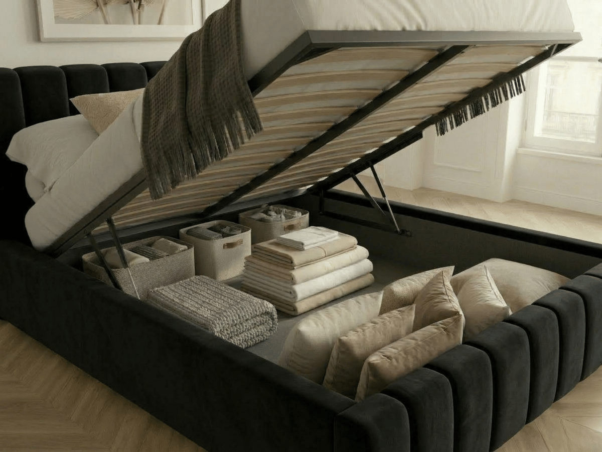 Lit coffre CAROLINE – Lit design rembourré avec rangement intégré, disponible en bouclé blanc, velours côtelé ou velours lisse