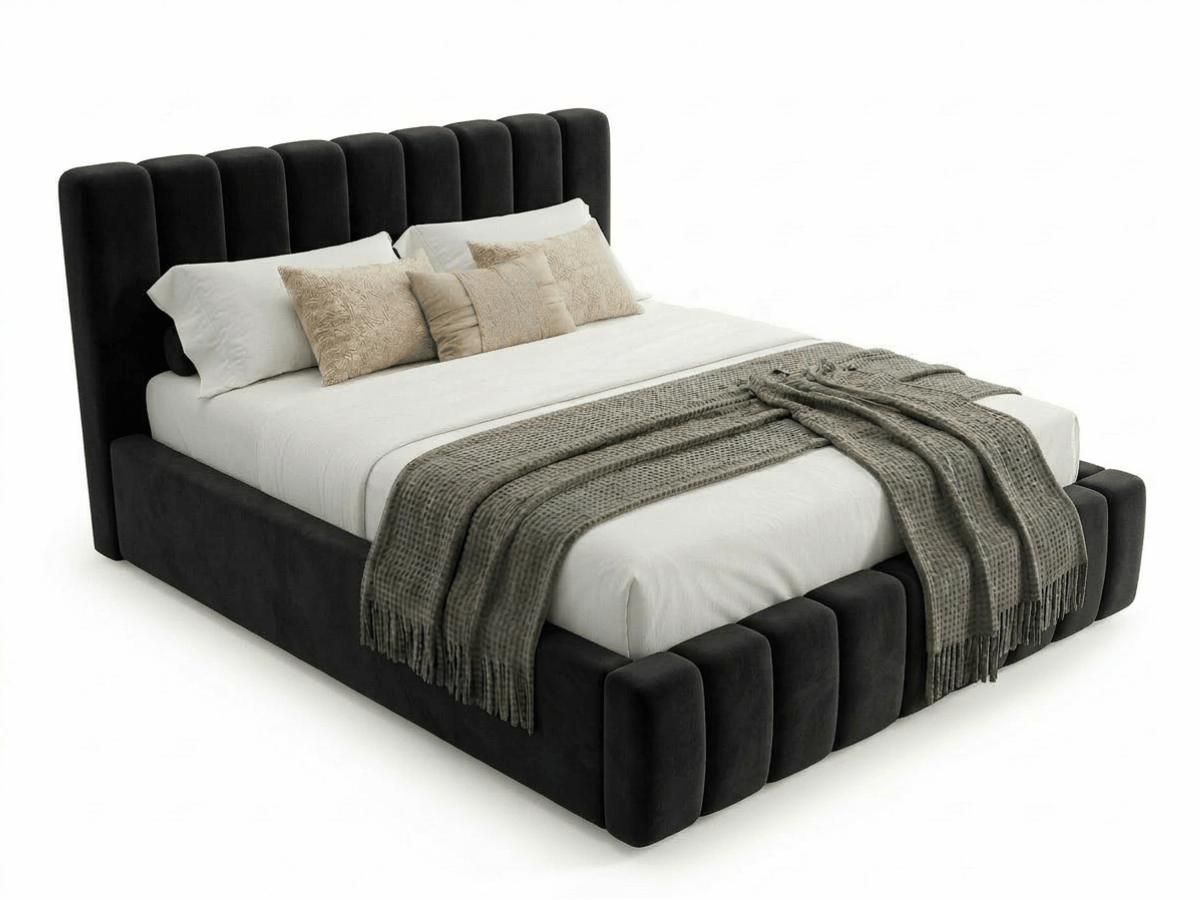 Lit coffre CAROLINE – Lit design rembourré avec rangement intégré, disponible en bouclé blanc, velours côtelé ou velours lisse