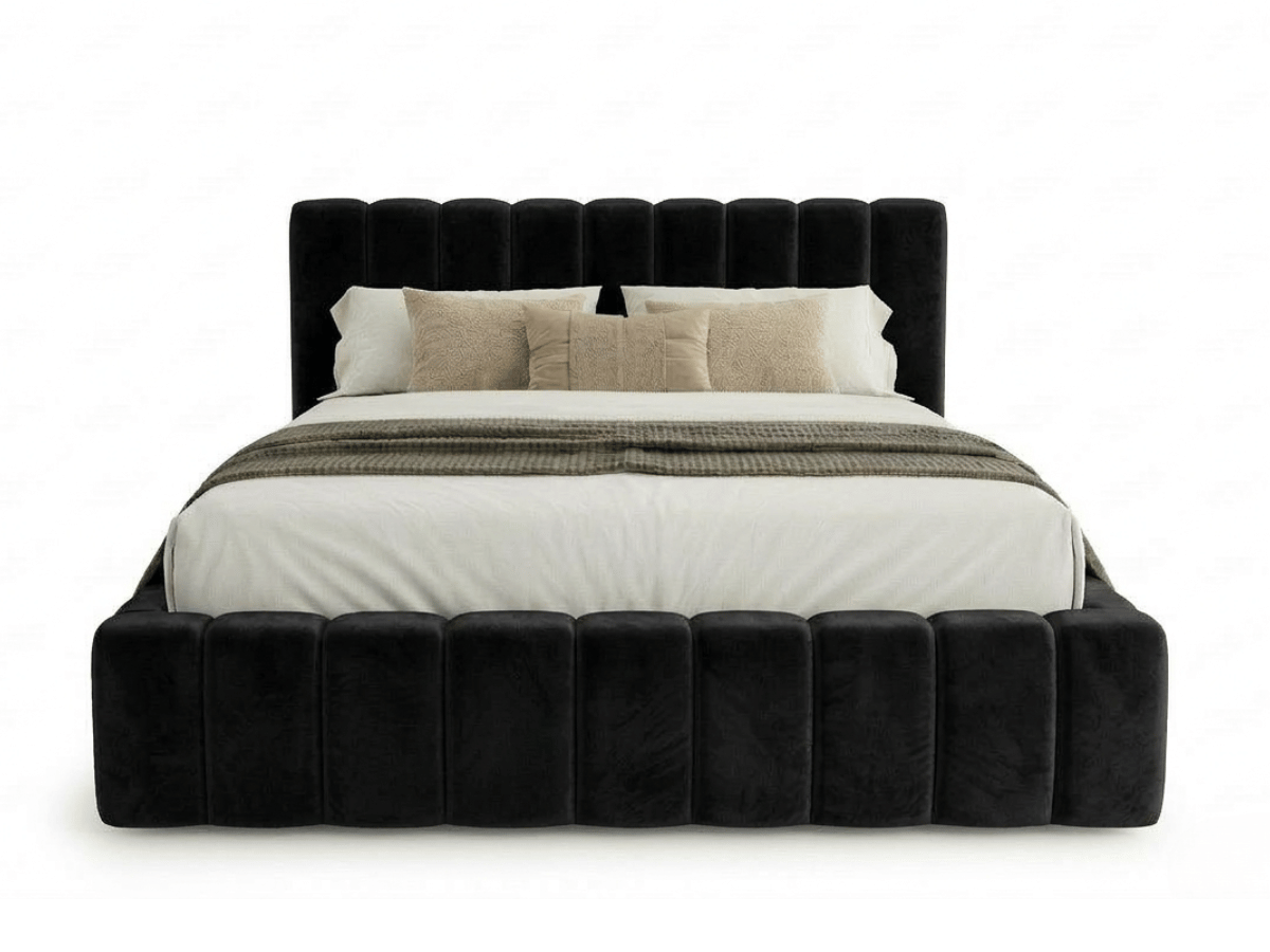 Lit coffre CAROLINE – Lit design rembourré avec rangement intégré, disponible en bouclé blanc, velours côtelé ou velours lisse