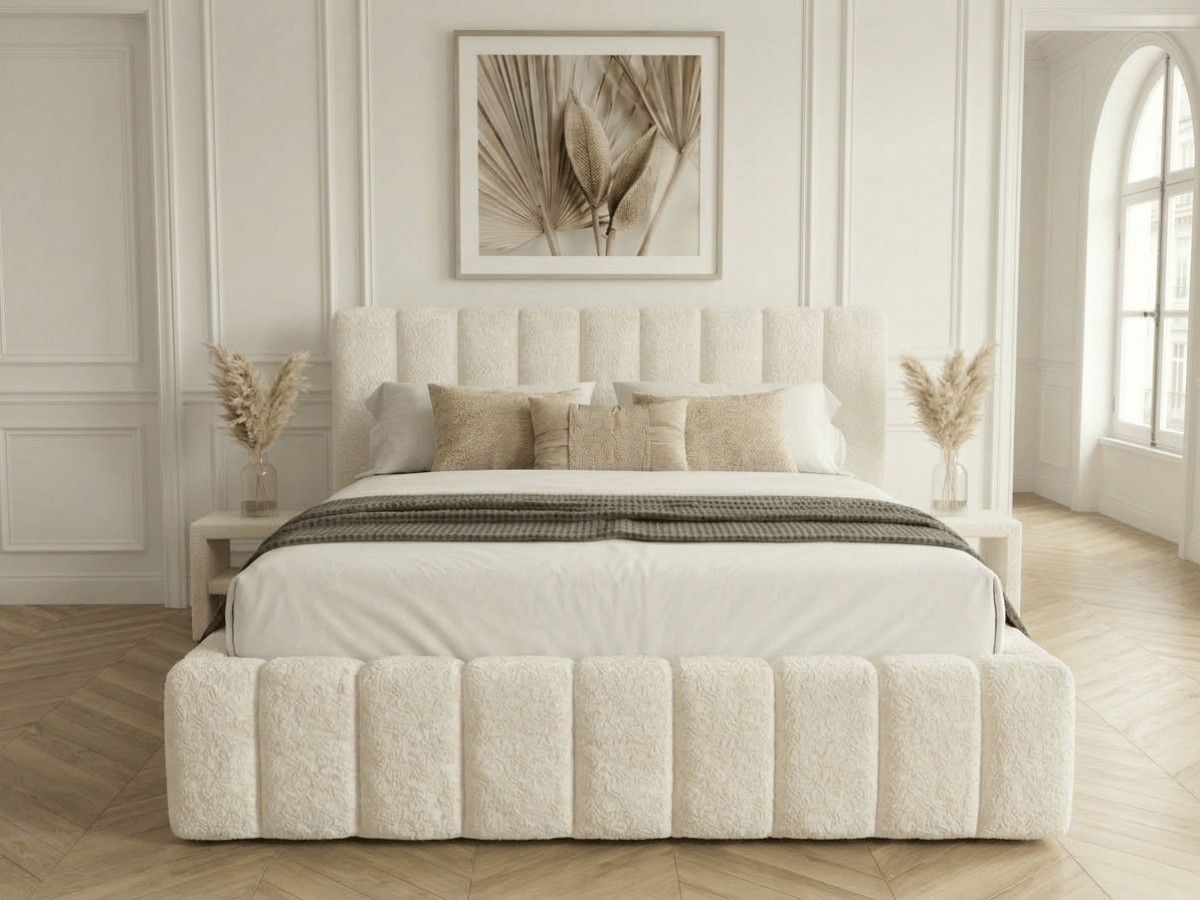 Lit coffre CAROLINE – Lit design rembourré avec rangement intégré, disponible en bouclé blanc, velours côtelé ou velours lisse