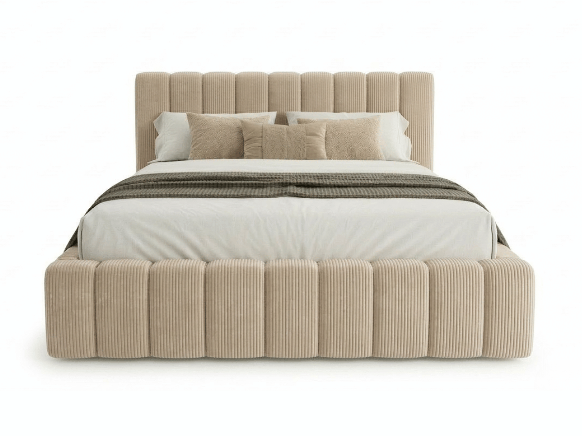Lit coffre CAROLINE – Lit design rembourré avec rangement intégré, disponible en bouclé blanc, velours côtelé ou velours lisse