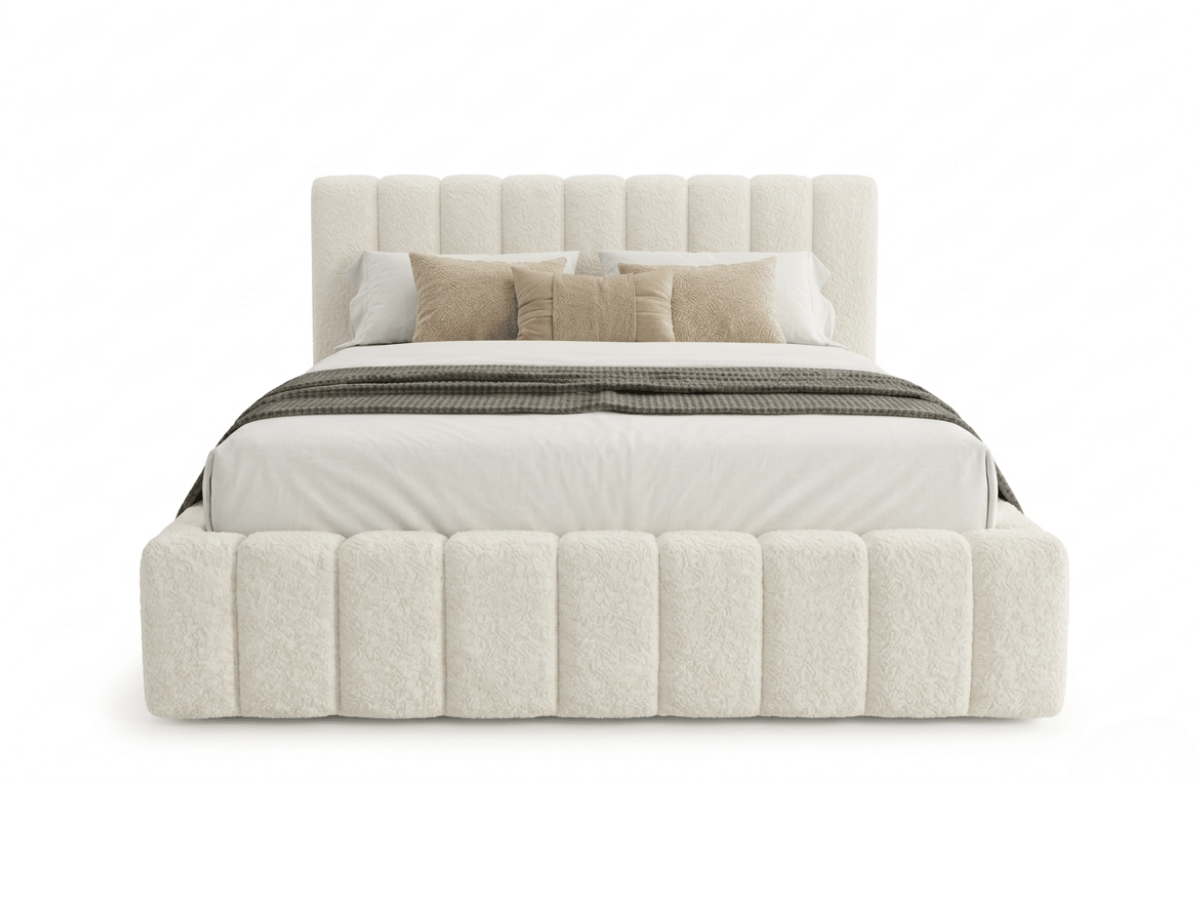 Lit coffre CAROLINE – Lit design rembourré avec rangement intégré, disponible en bouclé blanc, velours côtelé ou velours lisse