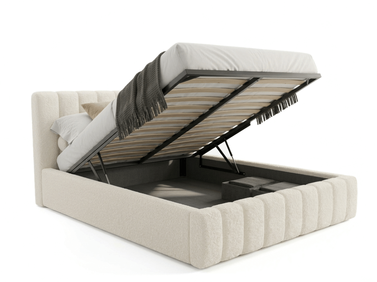 Lit coffre CAROLINE – Lit design rembourré avec rangement intégré, disponible en bouclé blanc, velours côtelé ou velours lisse