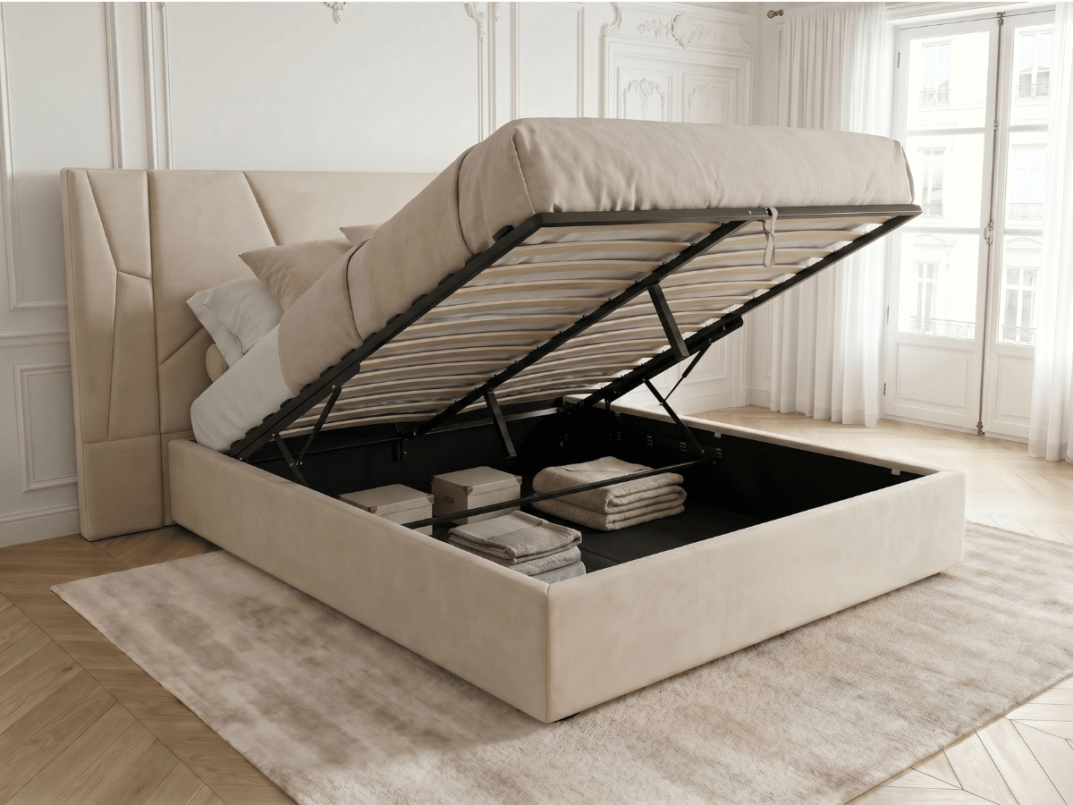 Lit coffre MIRAGE – Grande tête de lit design avec éclairage LED intégré