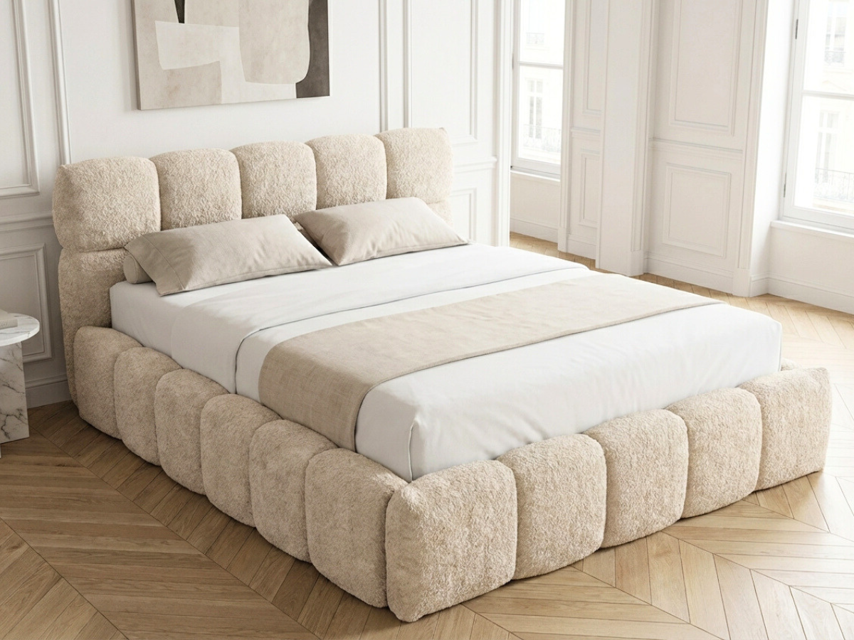 Lit coffre MONCEAU – Tête de lit capitonnée design en velours ou bouclette – Coffre de rangement intégré