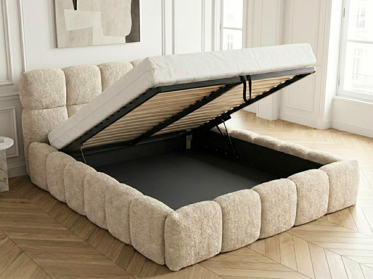 Lit coffre MONCEAU – Tête de lit capitonnée design en velours ou bouclette – Coffre de rangement intégré