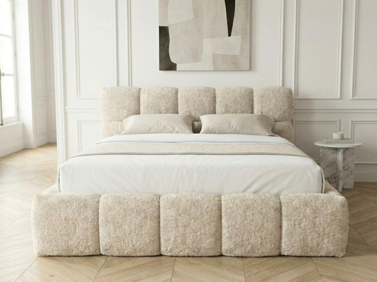 Lit coffre MONCEAU – Tête de lit capitonnée design en velours ou bouclette – Coffre de rangement intégré