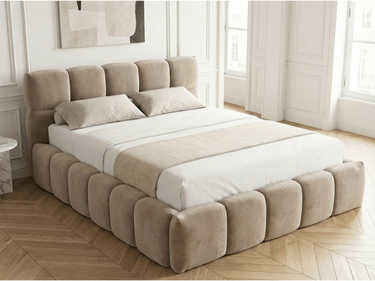 Lit coffre MONCEAU – Tête de lit capitonnée design en velours ou bouclette – Coffre de rangement intégré