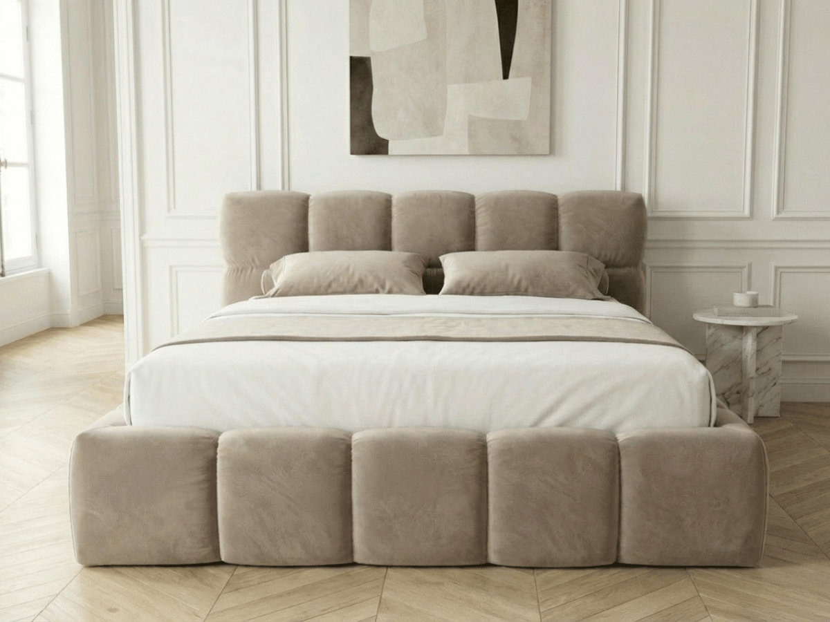 Lit coffre MONCEAU – Tête de lit capitonnée design en velours ou bouclette – Coffre de rangement intégré