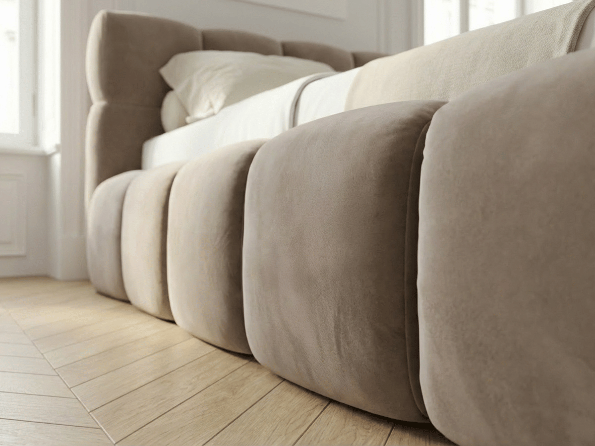 Lit coffre MONCEAU – Tête de lit capitonnée design en velours ou bouclette – Coffre de rangement intégré