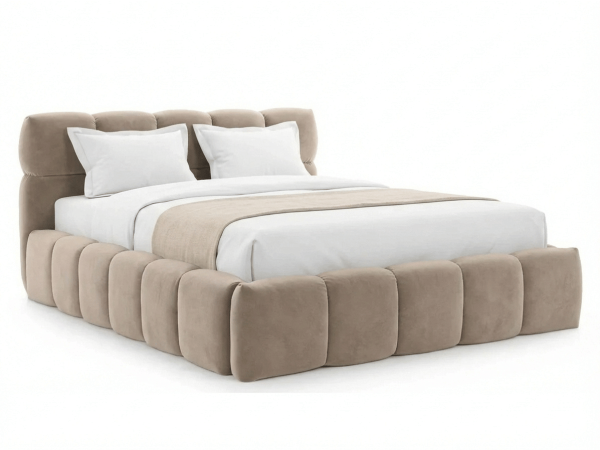 Lit coffre MONCEAU – Tête de lit capitonnée design en velours ou bouclette – Coffre de rangement intégré