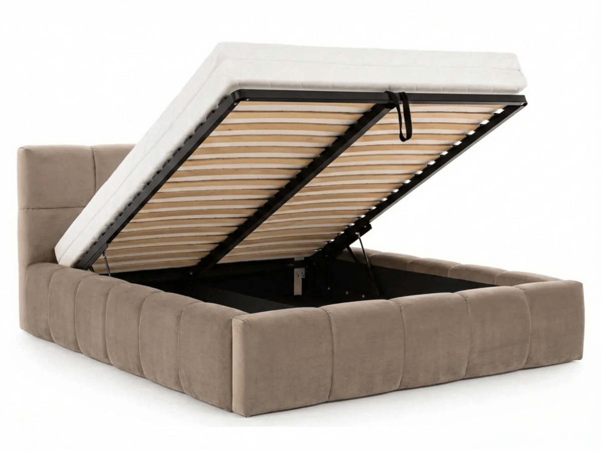 Lit coffre MONCEAU – Tête de lit capitonnée design en velours ou bouclette – Coffre de rangement intégré