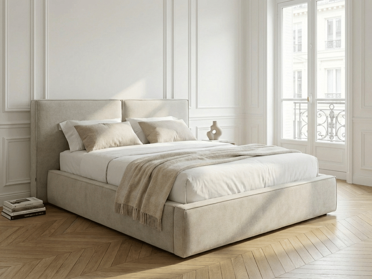 Lit coffre de rangement ALMA – Tissu beige élégant et tête de lit panoramique