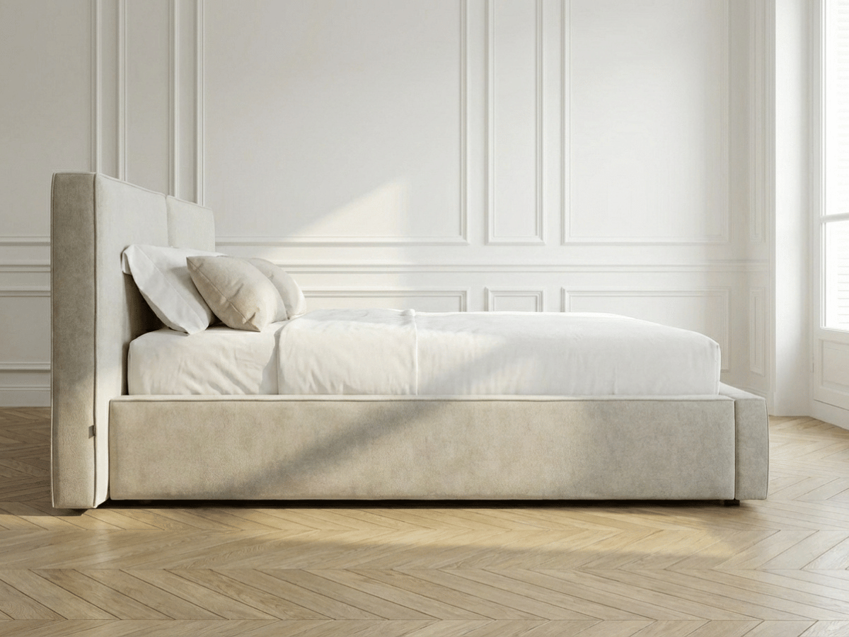 Lit coffre de rangement ALMA – Tissu beige élégant et tête de lit panoramique