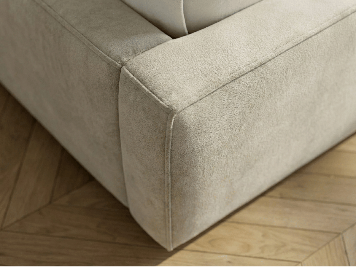 Lit coffre de rangement ALMA – Tissu beige élégant et tête de lit panoramique