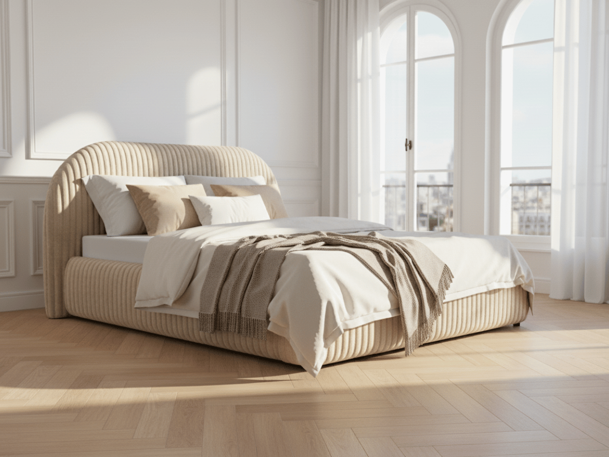 Lit coffre ALMA en velours côtelé grande épaisseur – Lit design arrondi avec rangement intégré – 160x200 ou 180x200
