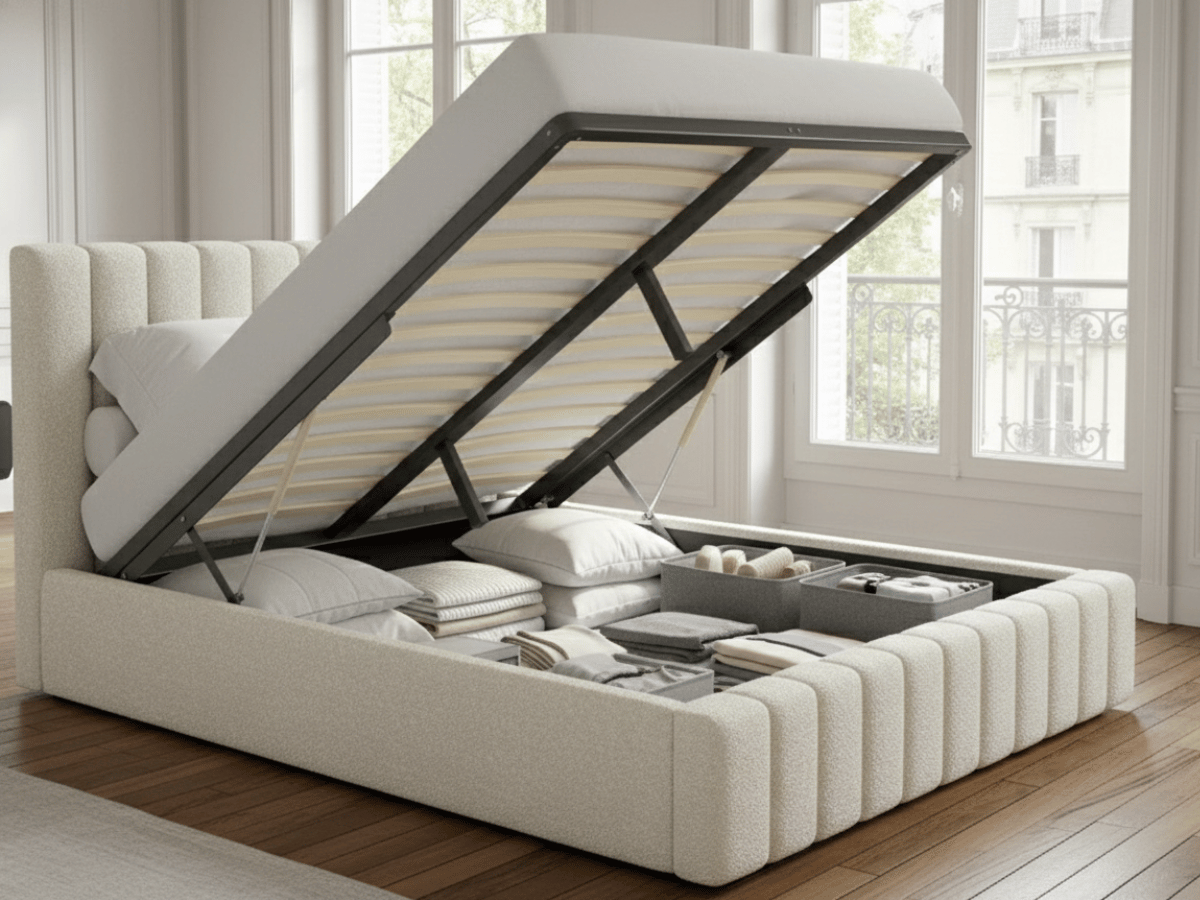 Lit coffre CAROLINE – Lit design rembourré avec rangement intégré, disponible en bouclé blanc, velours côtelé ou velours lisse