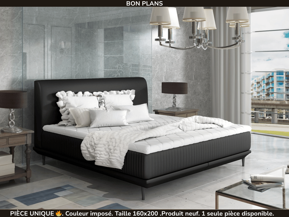 Lit design sommier + matelas boxspring ASTERIA - 160x200 Simili cuir Noir